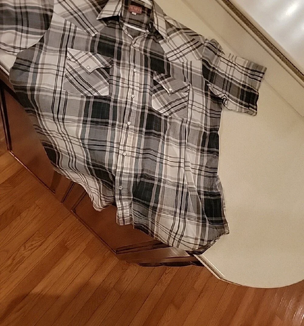 Men's Short Sleeve Plaid Western Pearl Snap Shirt - Blue Gray Large - Picture 3 of 3